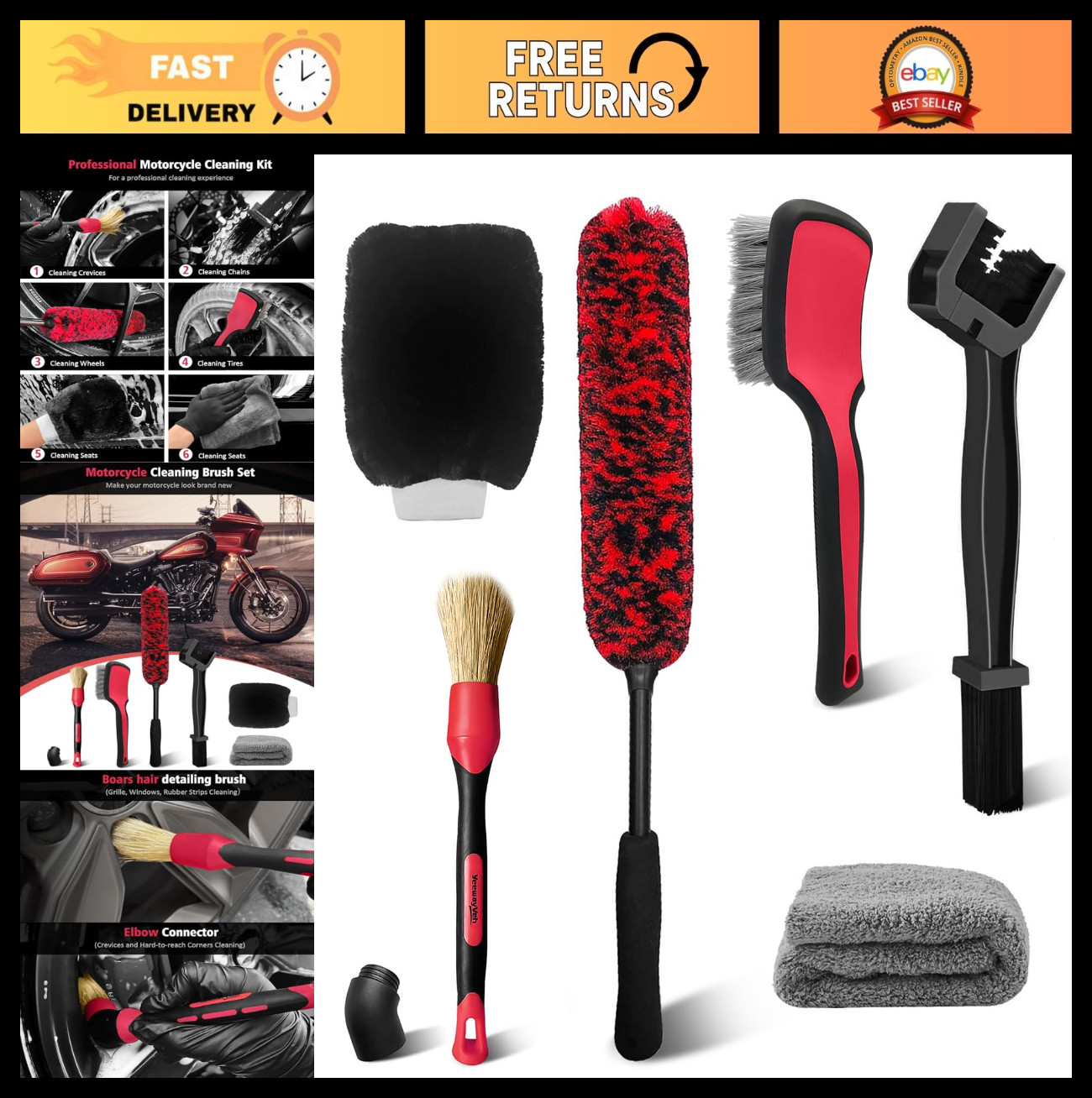 6PCS Motorcycle Cleaning Kit – Boar Hair Brush, Wheel & Chain Brushes, Mitt & To