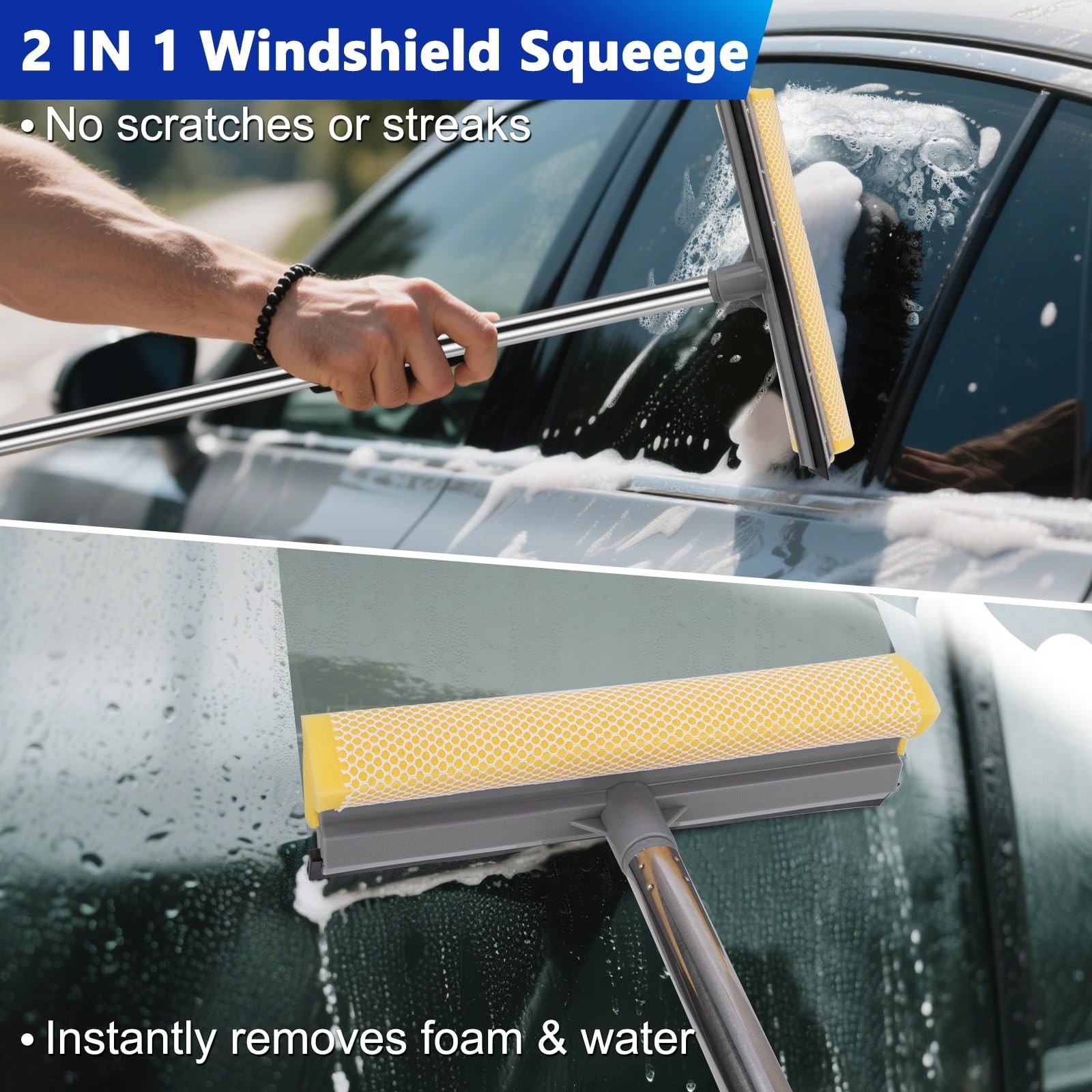 Car Wash Kit – 62″ Extendable Brush Mop, 2-in-1 Squeegee & 9 Detailing Brushes