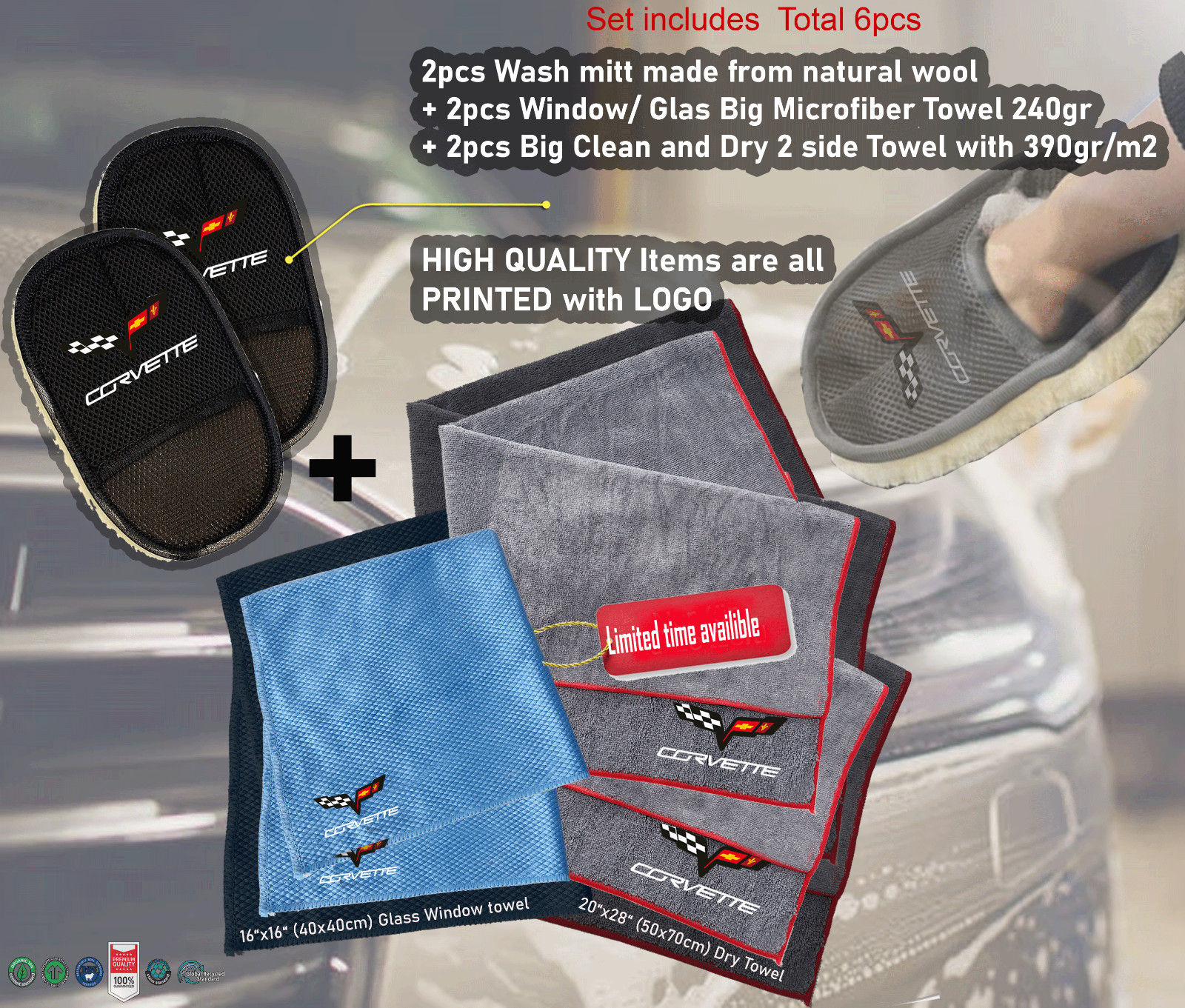 6Pack For Corvette Wash Mitt Car care Microfiber Detailing dry Towel Cleaning