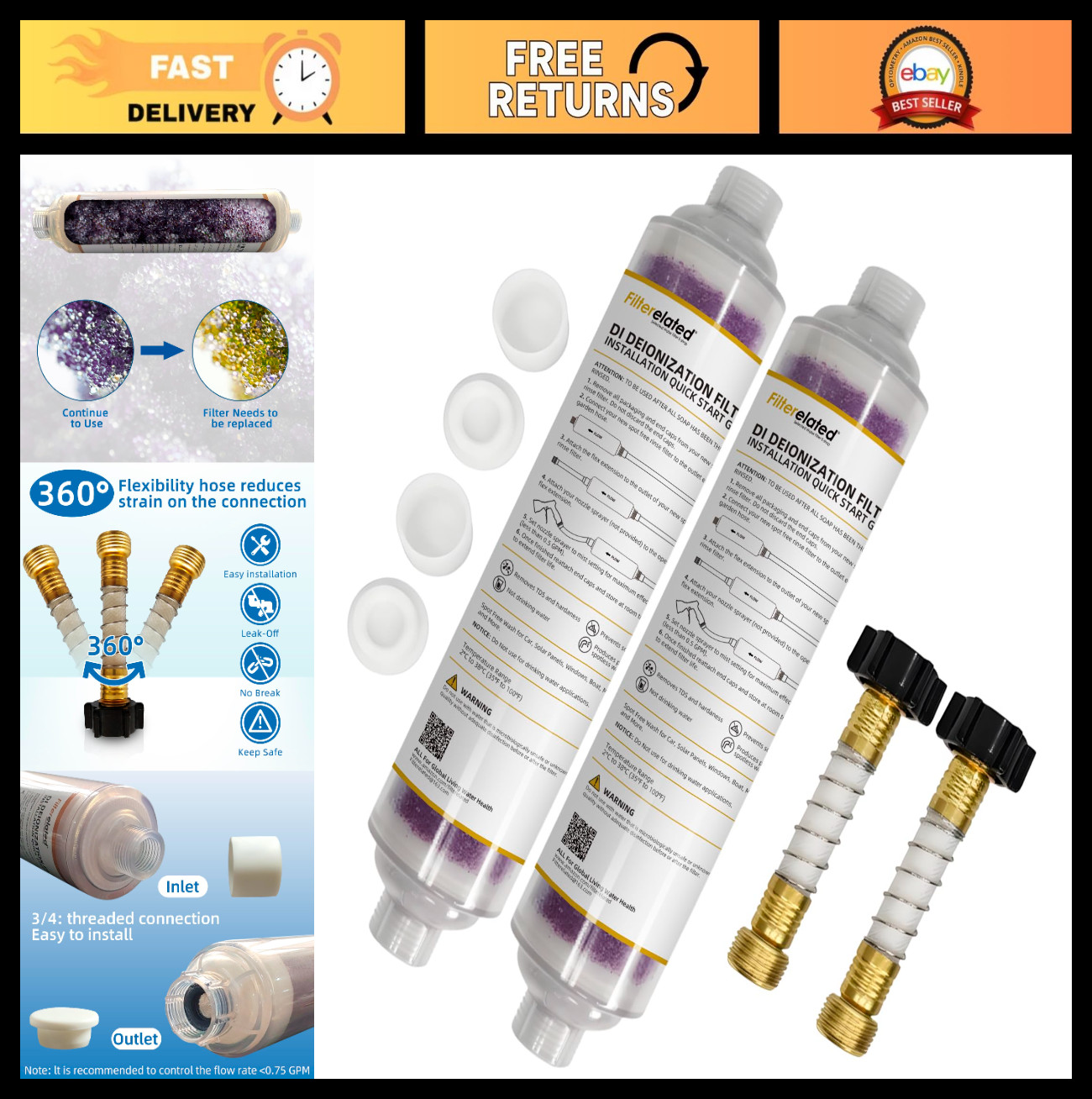 2-Pack Inline Deionizer Car Wash Filter – Spotless Rinse, Color-Changing Media,
