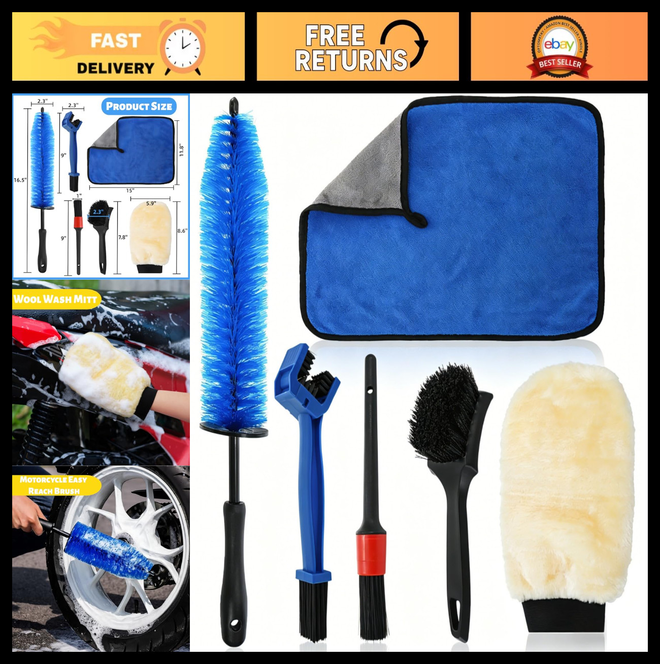 6-Piece Motorcycle Cleaning Brush Kit – Detailing Wash Set with Easy Reach Brush