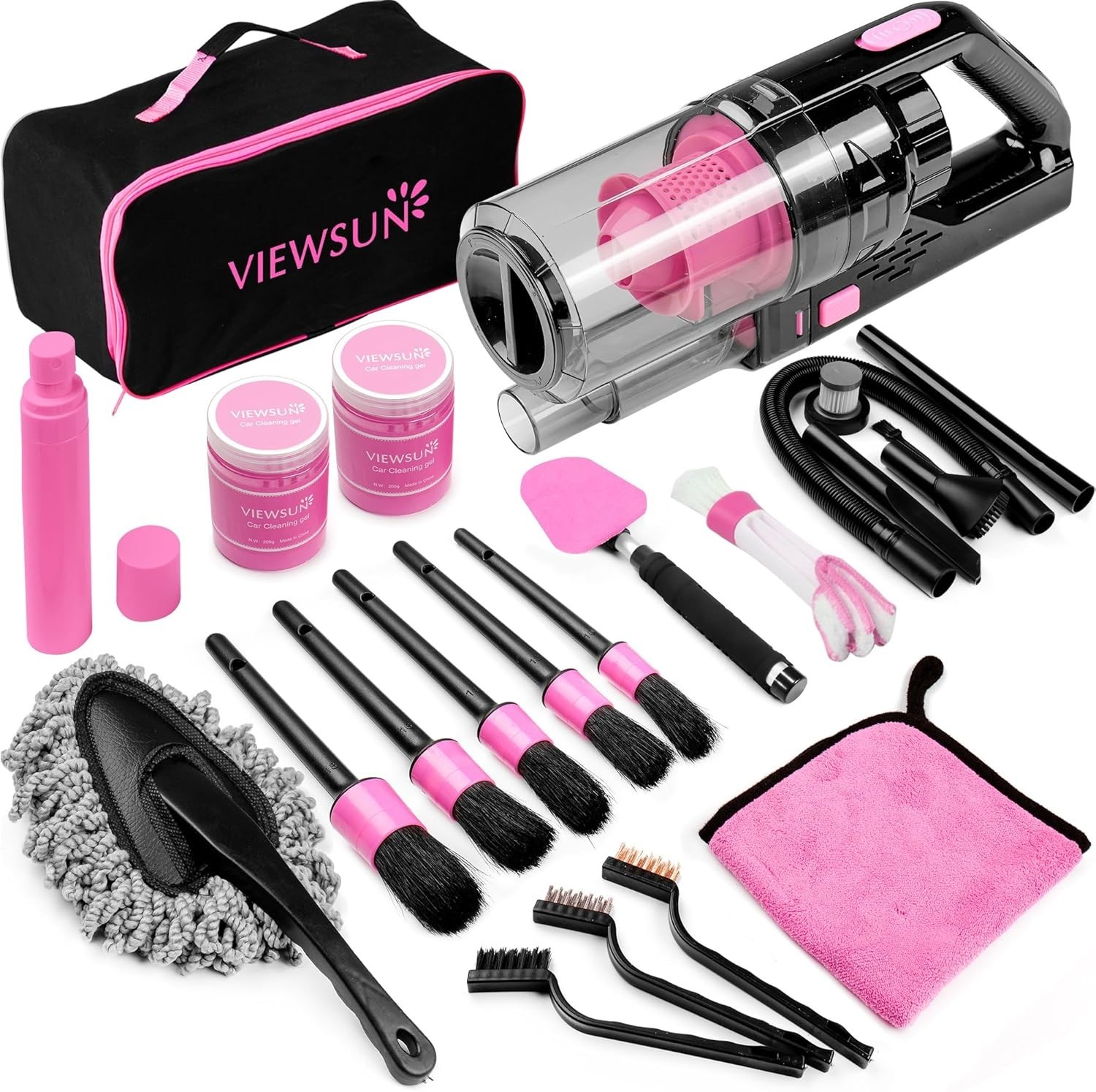 Stylish 17pcs Pink Car Cleaning Set: Handheld Vacuum & Accessories for Women