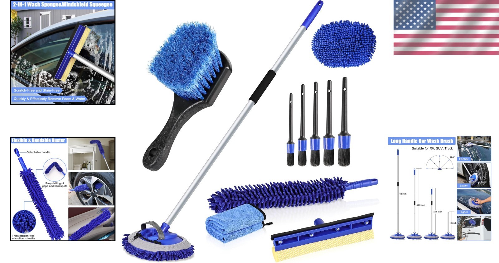 Professional Car Wash Kit – 62″ Long Handle Brush