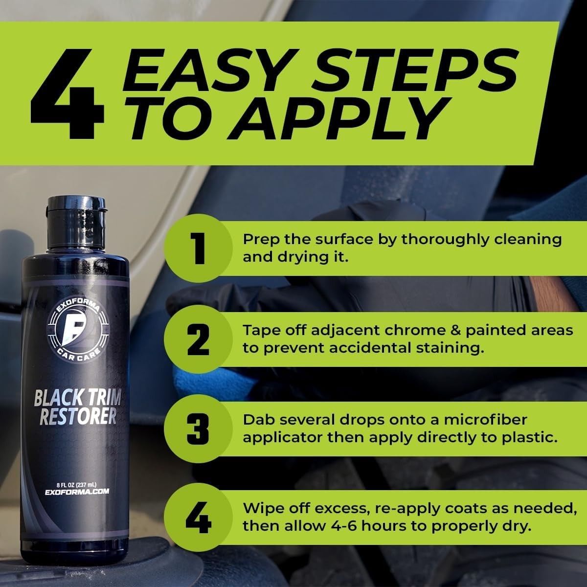 Black Plastic Trim Restorer 6+ Month Waterproof Dye Infused for Vehicles Bumpers