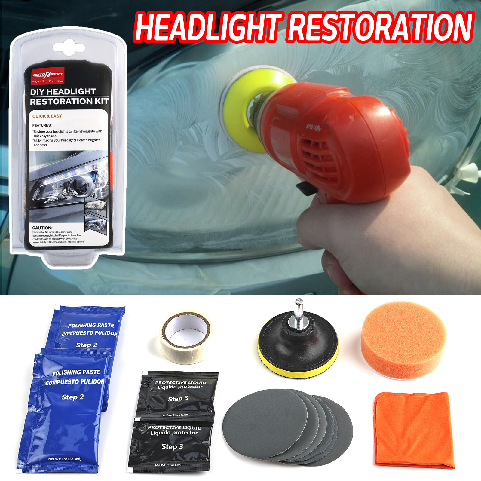 Headlight Restoration Kit Car Lens Lamp Cleaner Sanding Repair Heavy Duty Tools