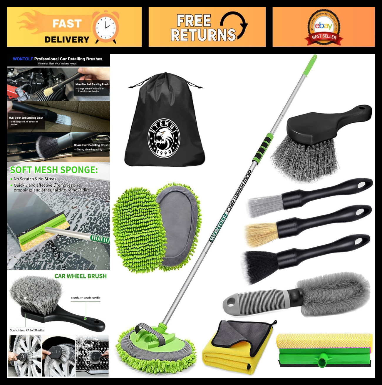 14Pcs Car Wash Kit – 62” Long Handle Brush, Microfiber Mop Mitt, Scratch-Free C