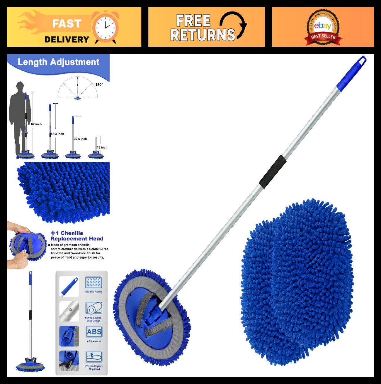 62″ Microfiber Car Wash Brush Kit – Long Handle Mop, Mitt, Sponge & Duster, 1 Ch