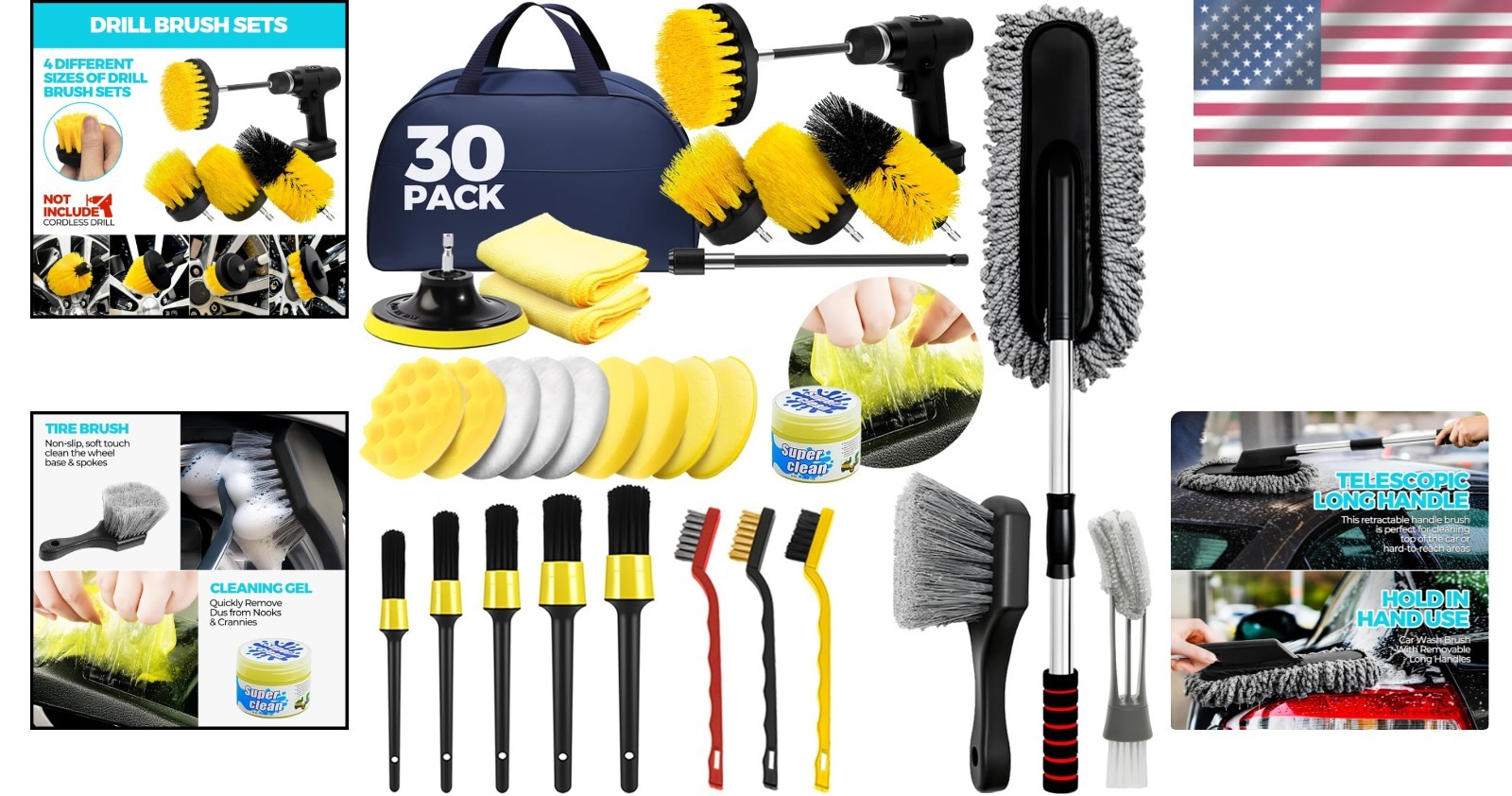 Versatile 30PC Car Detailing Brush Set with Extendable Handle for Precision Care