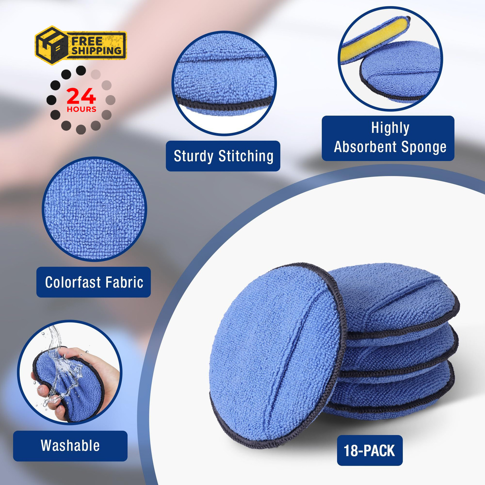 WORKPRO 18-Pack Car Wax Applicator Pads with Finger Pocket, Microfiber Blue